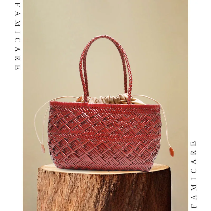 Vintage Luxury Lady Woven Shoulder Bag Chic 2026 New Women Split Leather Tote Bags Casual Handbag with Drawstring Inner Pouch - AliExpress Women's Handbags