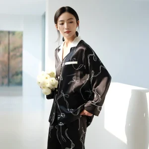 100% Real Mulberry Silk Women Floral Long Sleeve Pajama Set Black Satin Sleepwear Lapel Loose Nightwear Spring Home Clothes PJs - AliExpress Women's Sleep & Lounge