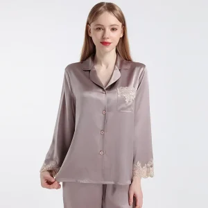 Lace Trim 100% Real Silk Long Sleeve Pajama Set Solid Color Button Up Lapel Top & Pants 2pcs Soft Nightwear Cardigan Pajamas PJs - AliExpress Women's Sleep & Lounge