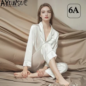AYUNSUE 22Mm 100% Mulberry Silk Sleepwear Women Spring Summer Clothes Pajama Set Long Sleeve Top Casual Pants Sets Streetwear - AliExpress Women's Sleep & Lounge