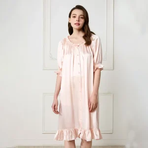 100% Real Silk Nightgown Women Short Sleeve Loose Sleep Dress Ruffle Trim Button Front Luxury Sleepwear Midi Nightshirt Pajamas - AliExpress Women's Sleep & Lounge