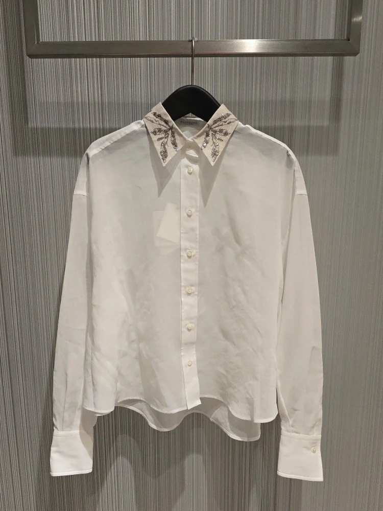 Elegant Slimming Casual Long Sleeve Shirt 2026 New Style Luxury Embroidered Beaded Turn-down Collar Straight Cut Women's Top - AliExpress Shirts & Blouses