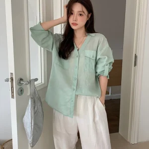 Linen  Long Sve V-Ne irt Women Summer Thin Loose Sun Protection Top Breathable Casual Busin Office Wear - AliExpress Shirts & Blouses