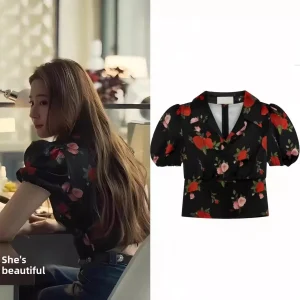 Elegant Short Printed Shirt Women's French Style Slim Fit V-Neck Waist-Cinched Summer Top by EXJR Rose Story Liu Yifei - AliExpress Shirts & Blouses