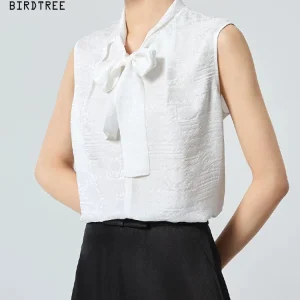 BirdTree-19MM 100%Real Silk Elegant Shirt, Sleeveless V Neck Bow Lace-up, Women Temperament Loose Blouse, 2026 Summer T63738CC - AliExpress Shirts & Blouses