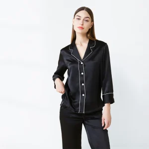 19MM 100% Mulberry Silk Piped Long Sleeve Trouser Pyjamas Suit Luxury Button Down Lapel Pajamas Nightwear Elegant Cardigan PJs - AliExpress Women's Sleep & Lounge