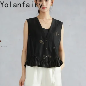YOLANFAIRY 100% Mulberry Silk Gambiered Shirts Women Beaded Embroidery Elegant Waistcoat Woman Ruffle Hem Sleeveless Silk Vest - AliExpress Shirts & Blouses