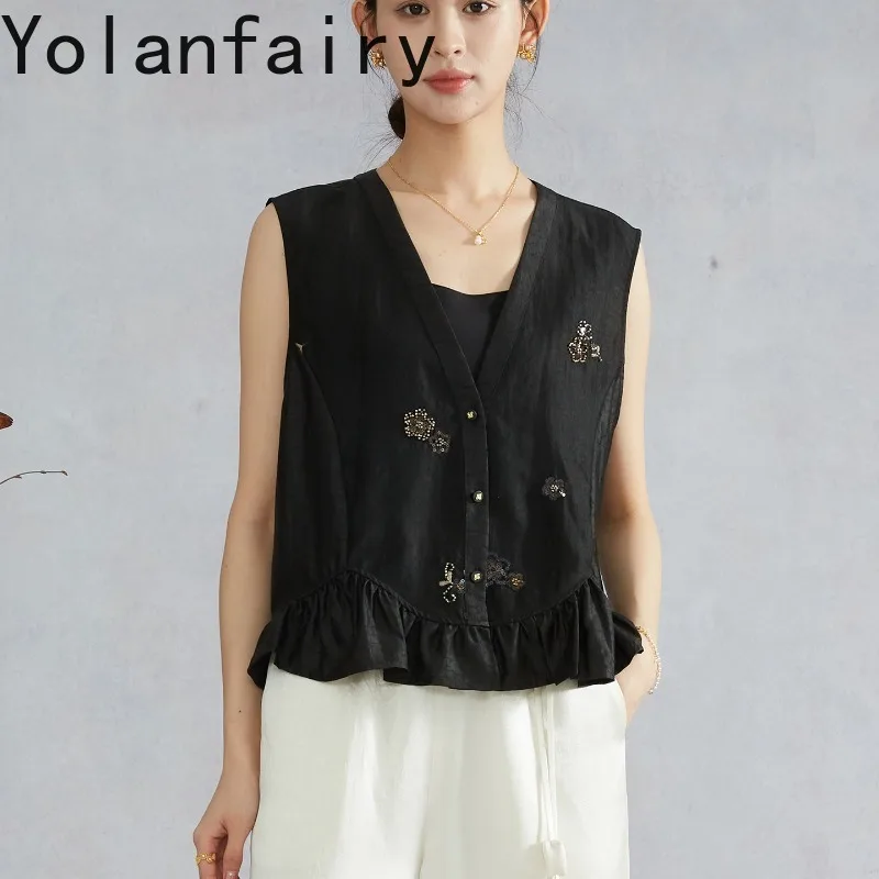 YOLANFAIRY 100% Mulberry Silk Gambiered Shirts Women Beaded Embroidery Elegant Waistcoat Woman Ruffle Hem Sleeveless Silk Vest - AliExpress Shirts & Blouses