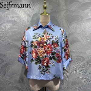 Seifrmann 2026 Spring Women's clothing New Fashion lapel Short Sleeve Single breasted Silk Printed Top - AliExpress Shirts & Blouses