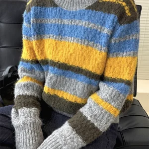 HanOrange 2025 Winter Retro Laziness Contrast Striped O-Neck Wool Sweater Women Silhouette Loose Top Blue/Orange - AliExpress Sweaters&Jumpers