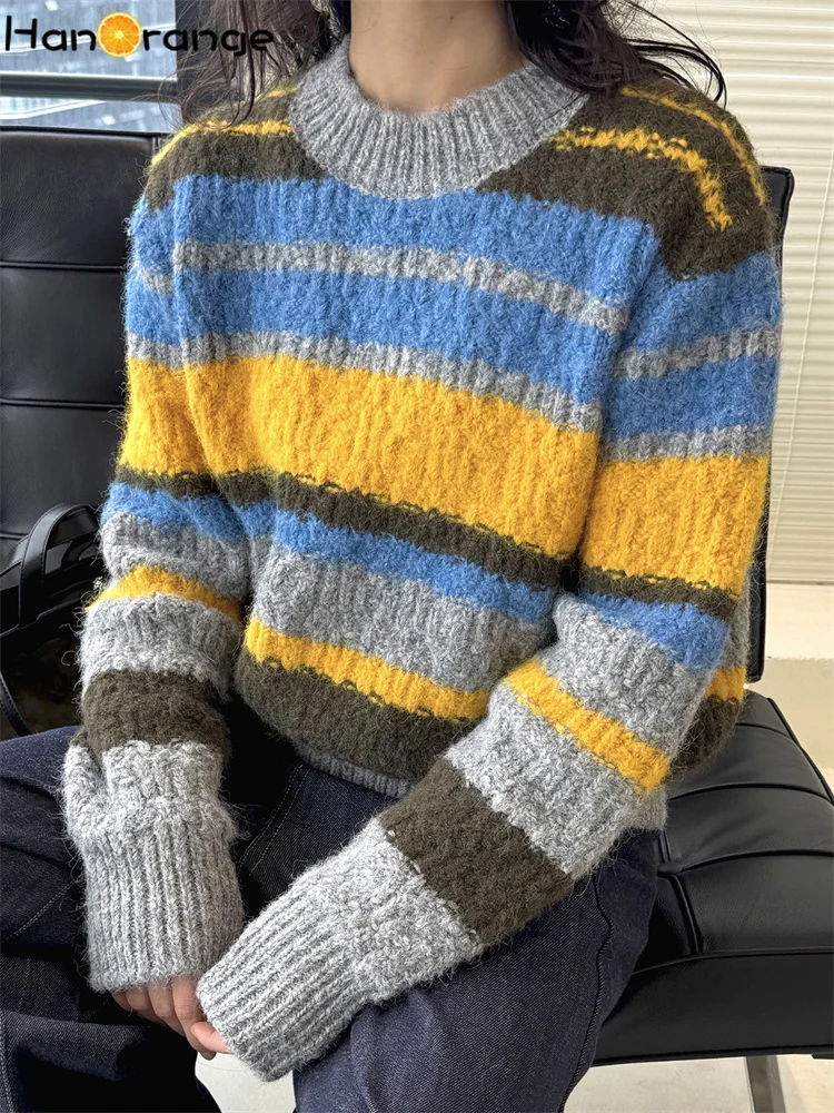 HanOrange 2025 Winter Retro Laziness Contrast Striped O-Neck Wool Sweater Women Silhouette Loose Top Blue/Orange - AliExpress Sweaters&Jumpers