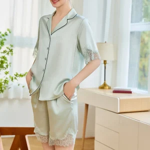 Lace Trim 19MM 100% Real Silk Short Sleeve and Shorts Pajama Set Casual Lapel Sleepwear Pajamas Button Down Pijama Two-piece Set - AliExpress Women's Sleep & Lounge