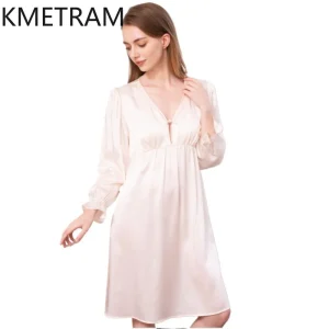 KMETRAM 19MM 100% mulberry silk Night Dress Women Built-in Bra Nightgowns Long Sleeve Dress Summer Sleepwear Women Clothing 2026 - AliExpress Women's Sleep & Lounge