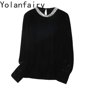 YOLANFAIRY Early Autumn Real Mulberry Silk Velvet Shirt Women Tops Blouses Elegant Long Sleeve Shirts Woman Beading Black Shirt - AliExpress Shirts & Blouses