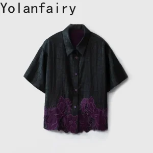 YOLANFAIRY Luxury 40mm 100% Natural Mulberry Silk Shirts for Women Tortoise Gambiered Silk Summer Top Embroidered Blouse Shirts - AliExpress Shirts & Blouses