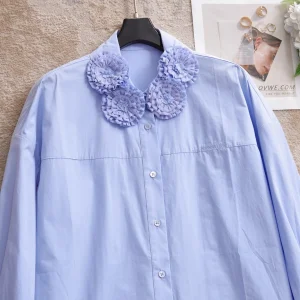 Vintage Court Style Pleated Flower Bud Collar Long Sleeve Shirt Light Blue Women's Comfortable Breathable Cotton Blouse - AliExpress Shirts & Blouses