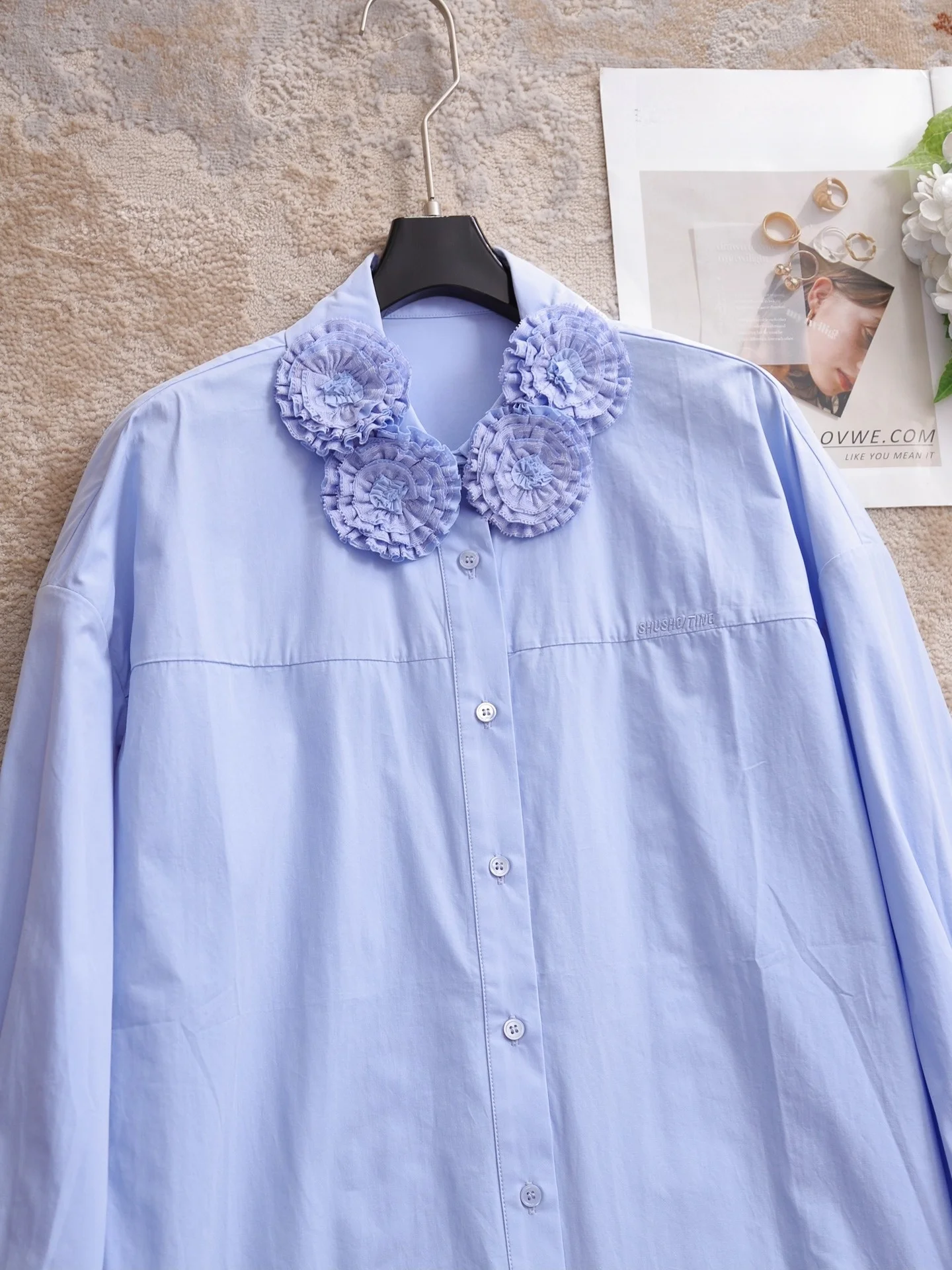Vintage Court Style Pleated Flower Bud Collar Long Sleeve Shirt Light Blue Women's Comfortable Breathable Cotton Blouse - AliExpress Shirts & Blouses