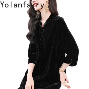 YOLANFAIRY Real Silk Velvet Blouses for Woman Loose Elegant Shirts Female Stand Collar Causal Women Tops Autumn Blouse Vrouwen - AliExpress Shirts & Blouses