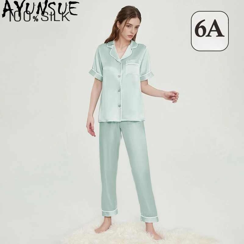 AYUNSUE 100% Mulberry Silk Pajamas for Women 19MM Silk Night Wear Female 2026 Summer Short Sleeve Sleepwear Set Пижама Женская - AliExpress Women's Sleep & Lounge