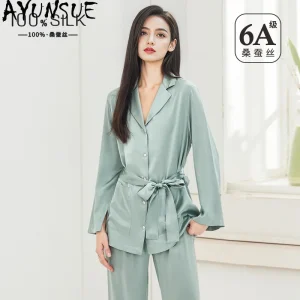 AYUNSUE 100% Silk Pajama Sets Woman Comfortable V-neck Pajamas for Women Long Sleeve Top Long Pants Womens Matching Set Пижама - AliExpress Women's Sleep & Lounge