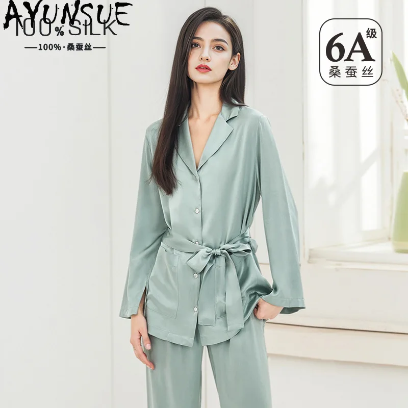 AYUNSUE 100% Silk Pajama Sets Woman Comfortable V-neck Pajamas for Women Long Sleeve Top Long Pants Womens Matching Set Пижама - AliExpress Women's Sleep & Lounge