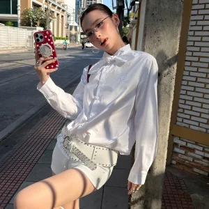 Street Sle Loose Fit Knot irt W26C03 Design Sensation Chic Women's Premium Faion Long Sve Polyester irt - AliExpress Shirts & Blouses