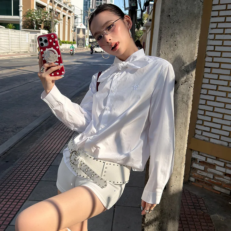 Street Sle Loose Fit Knot irt W26C03 Design Sensation Chic Women's Premium Faion Long Sve Polyester irt - AliExpress Shirts & Blouses