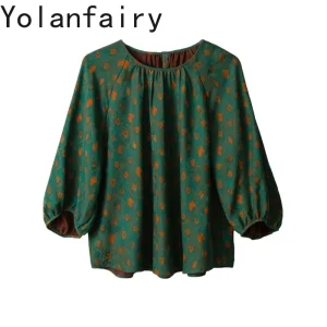 YOLANFAIRY 2026 Women Vintage Printed Blouse 100% Mulberry Silk Hualuo Red Gambiered Silk Shirt Raglan Sleeve Pleated Casual Top - AliExpress Shirts & Blouses