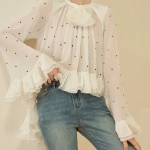 White Polka Dot Long Sve Women's irt Flowing Era Commute Faion Design Lace Trim French Sle Loose Fit Breathable Poly... - AliExpress Shirts & Blouses