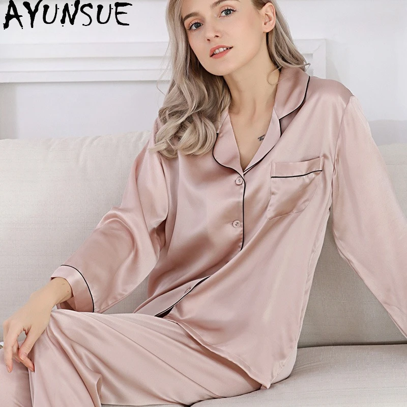 AYUNSUE 100% Mulberry Silk Sleepwear Summer Woman Clothes 16MM Real Silk Pajama Set Long Sleeve Top Women Casual Pants Пижам - AliExpress Women's Sleep & Lounge
