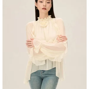 Elegant Silk Shirt Women's Silk Button up Long Sleeve Stand Collar Floral Print Puff Sleeve Ear Design Breathable Sp... - AliExpress Shirts & Blouses