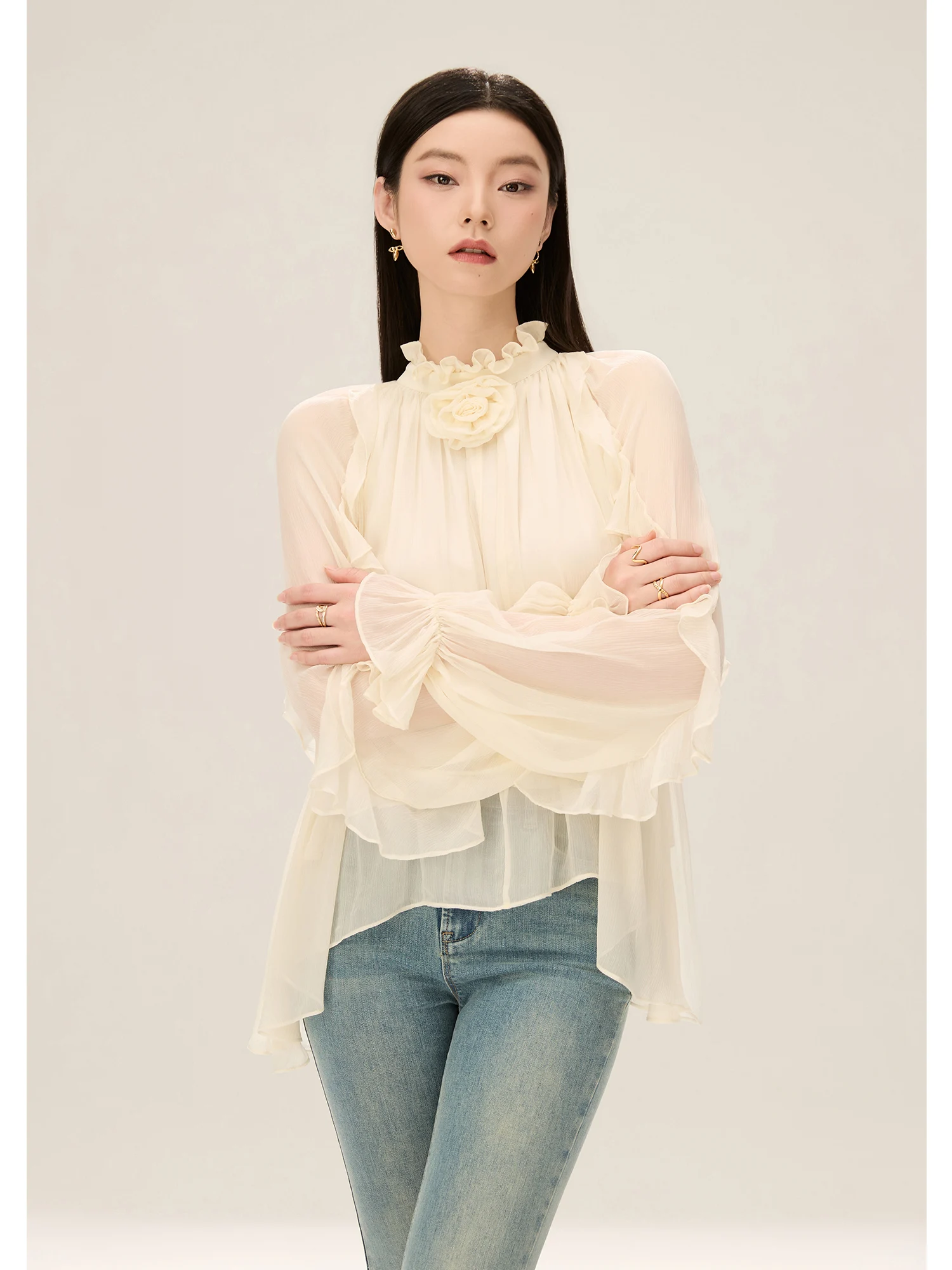 Elegant Silk Shirt Women's Silk Button up Long Sleeve Stand Collar Floral Print Puff Sleeve Ear Design Breathable Sp... - AliExpress Shirts & Blouses