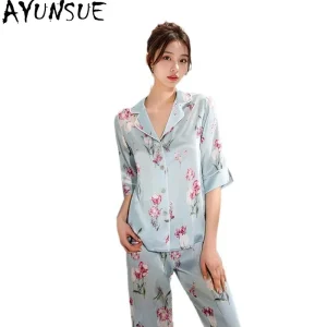AYUNSUE 100% Mulberry Silk Sleepwear Women Clothes Summer Pajama Sets 16Mm Silk Casual Long Pants Tops Print Пижама Женская - AliExpress Women's Sleep & Lounge
