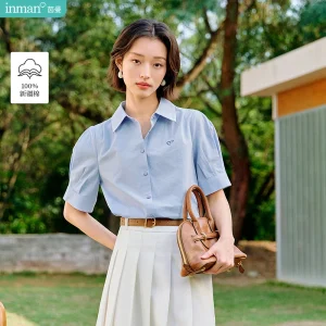 Inman 2025 Summer New Women's French Commuter Blue Heart Print Short Sleeve Straight Shoulder Minimalist Blouse - AliExpress Shirts & Blouses