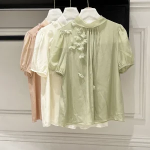 High-End Women's Silk Shirt Spring Summer New Vintage 3D Floral Loose Short Sleeve Pure Color Commute Style Button Closure - AliExpress Shirts & Blouses