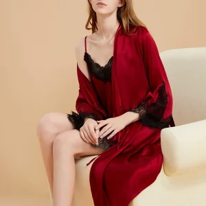 19MM 100% Mulberry Silk Lace Trim Women's Sexy Nightgown Tie Up Bathrobe Slip Dress and Robe Sets V Neck Kimono Robes Sleepwear - AliExpress Women's Sleep & Lounge