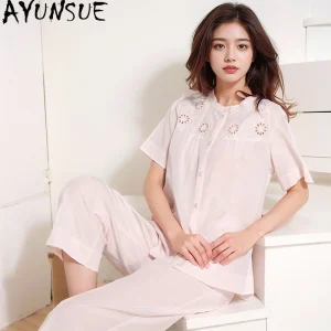 AYUNSUE 52.7% Mulberry Silk+47.3% Cotton Sleepwear Women Clothes Casual Long Pants Tops Summer Pajama Two-piece Set Hollow-out - AliExpress Women's Sleep & Lounge