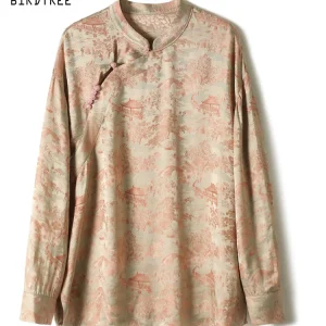 BirdTree-52%Silk 48%Viscose Elegant Shirt, Stand Long Sleeve, Women Vintage New Chinese Style Loose Blouse, 2026 Spring T63138CC - AliExpress Shirts & Blouses