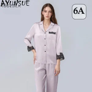 AYUNSUE Real Mulberry Silk Sleepwear Women Home Clothes 16MM 100% Silk Pajama Set Spring Summer Sets Long Sleeve Top Pants - AliExpress Women's Sleep & Lounge