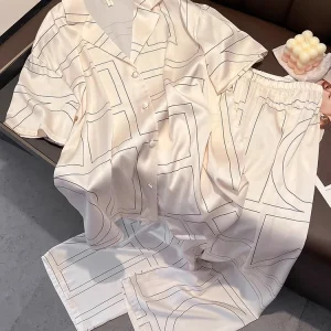 New Geometric Printed Pajama Long Sleeve 100%  Silk Home Clothes High End Loose Set - AliExpress Women's Sleep & Lounge