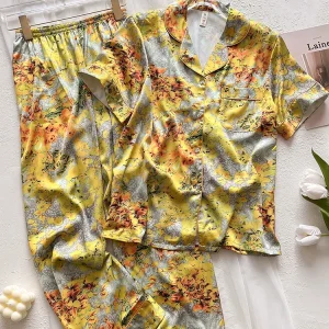 New Orange Silk Pajama Thin Countryside Home Clothes Short Sleeve Shorts Long Pants Set - AliExpress Women's Sleep & Lounge