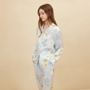 Fashion Daisy Print Pajamas Women Long Sleeve Elegant 100% Mulberry Silk Loungewear High End Home Suit Ladies Sleepwear - AliExpress Women's Sleep & Lounge