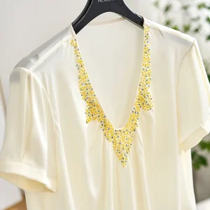 Silk V-neck Short-sleeved Shirt Commuter Style Pearlescent Design Small Audience Heavyweight  Silk Women's Top Summer - AliExpress Shirts & Blouses