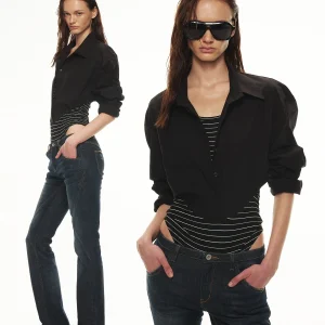 Slim Fit Striped Shirt Vest Two-Piece Effect Waist-Cinching Long Sleeve Casual Style Women's Breathable Comfortable Shirt - AliExpress Shirts & Blouses