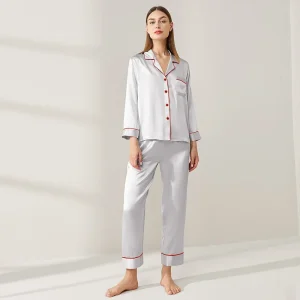 100% Mulberry Silk Button Down Lapel Pajamas Cardigan Set Solid Color Long Sleeve Long Pants Casual Pajama Nightwear Blue Pijama - AliExpress Women's Sleep & Lounge
