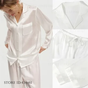 100% Silk Pajamas Elegant White Women's Sleepwear Long Sleeve Trouser Suits Spring Autumn New Pijamas Homewear Luxury Loungewear - AliExpress Women's Sleep & Lounge