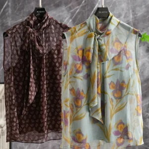 Silk Shirts Women's Summer Breathable Loose Fit Floral Print Knot Front Tie Sleeveless Stand Collar Gown Two Piece Set - AliExpress Shirts & Blouses
