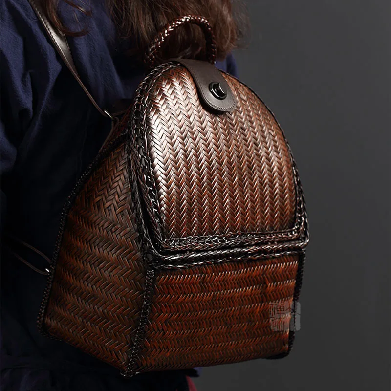 Women's Bag Bamboo Weaving Summer Beach Bag Fashion Small Handbag Woven Cattle Leather Backpack Female Tea Ceremony Storage Bags - AliExpress Women's Handbags