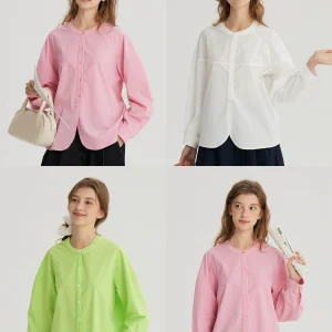 Bruland Spring Vintage round Ne Loose Long Sve Women's irt Slimming Color French Sle Cotton Lyocell Blend - AliExpress Shirts & Blouses