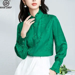 100% Natural Silk Women's Shirt Stand Ruffled Collar Long Sleeves Jacquard Elegant Fashion Blouse Tops - AliExpress Shirts & Blouses
